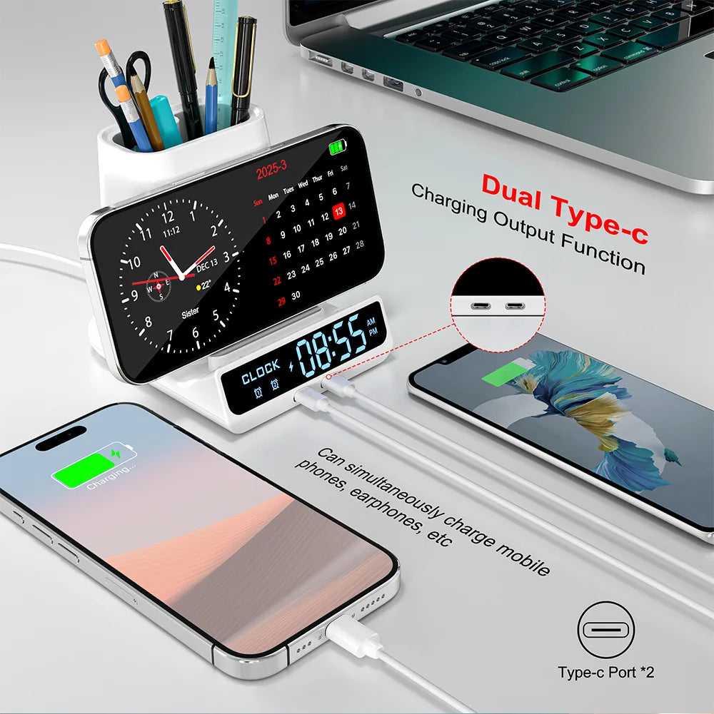 Réveil LED 3-en-1 avec Chargeur Sans Fil & Porte-Stylos