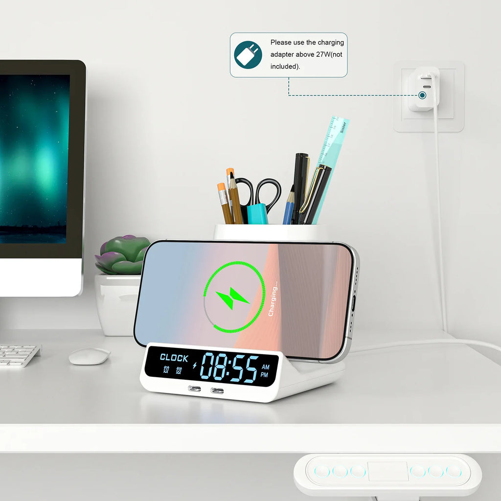 Réveil LED 3-en-1 avec Chargeur Sans Fil & Porte-Stylos