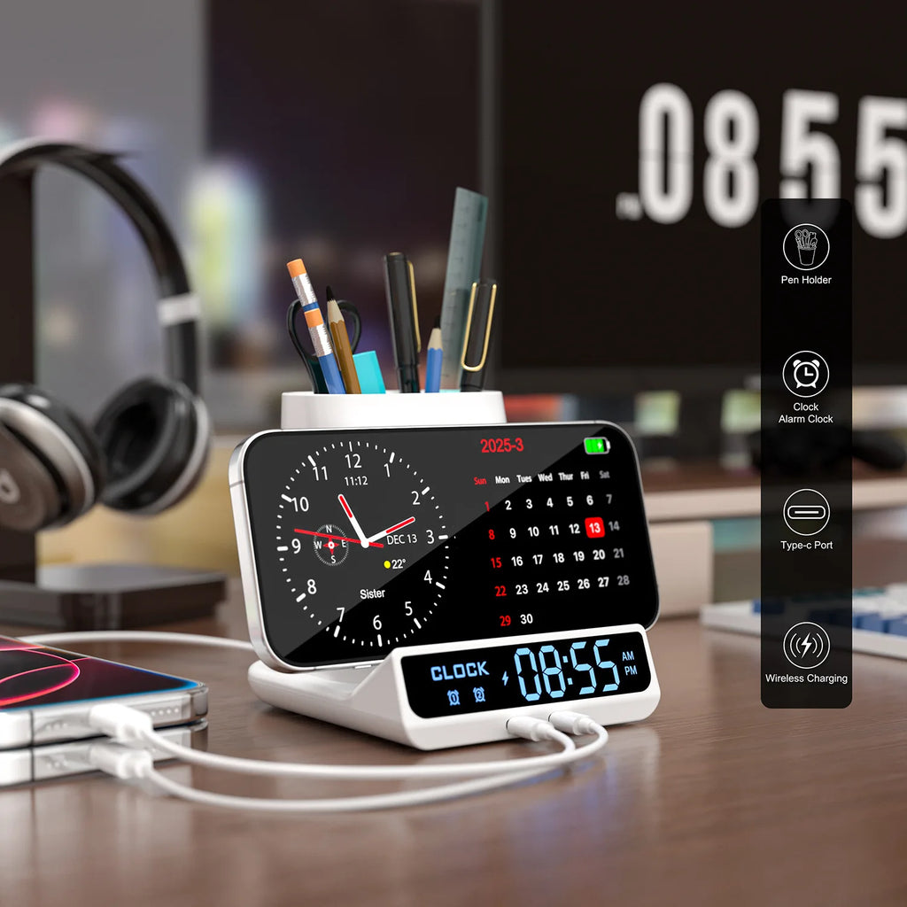 Réveil LED 3-en-1 avec Chargeur Sans Fil & Porte-Stylos