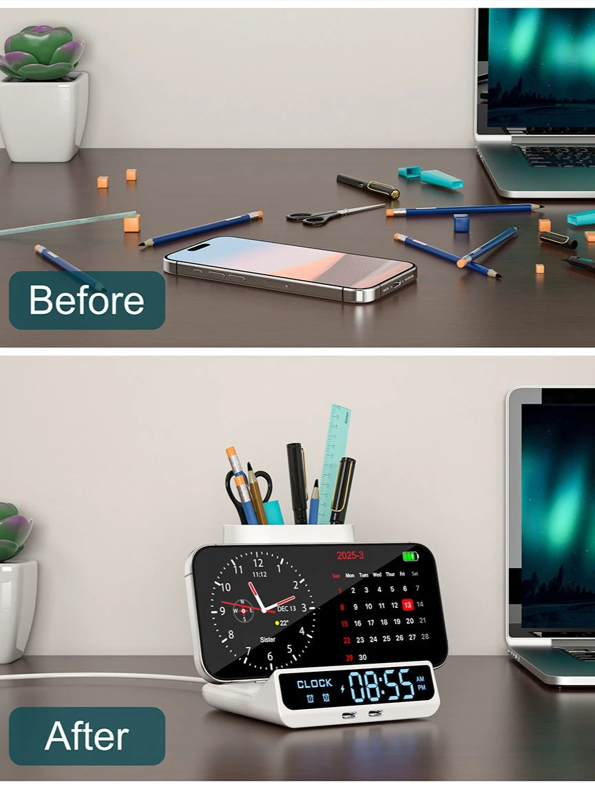 Réveil LED 3-en-1 avec Chargeur Sans Fil & Porte-Stylos