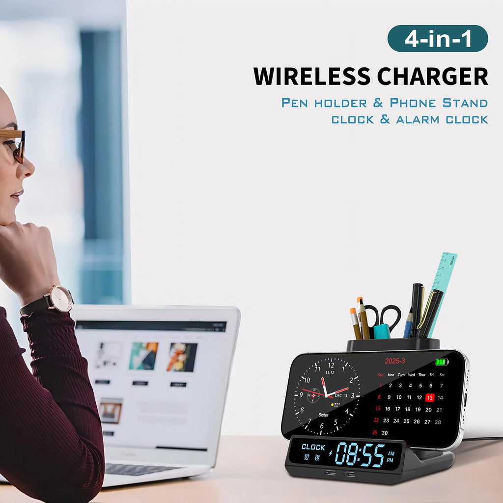 Réveil LED 3-en-1 avec Chargeur Sans Fil & Porte-Stylos