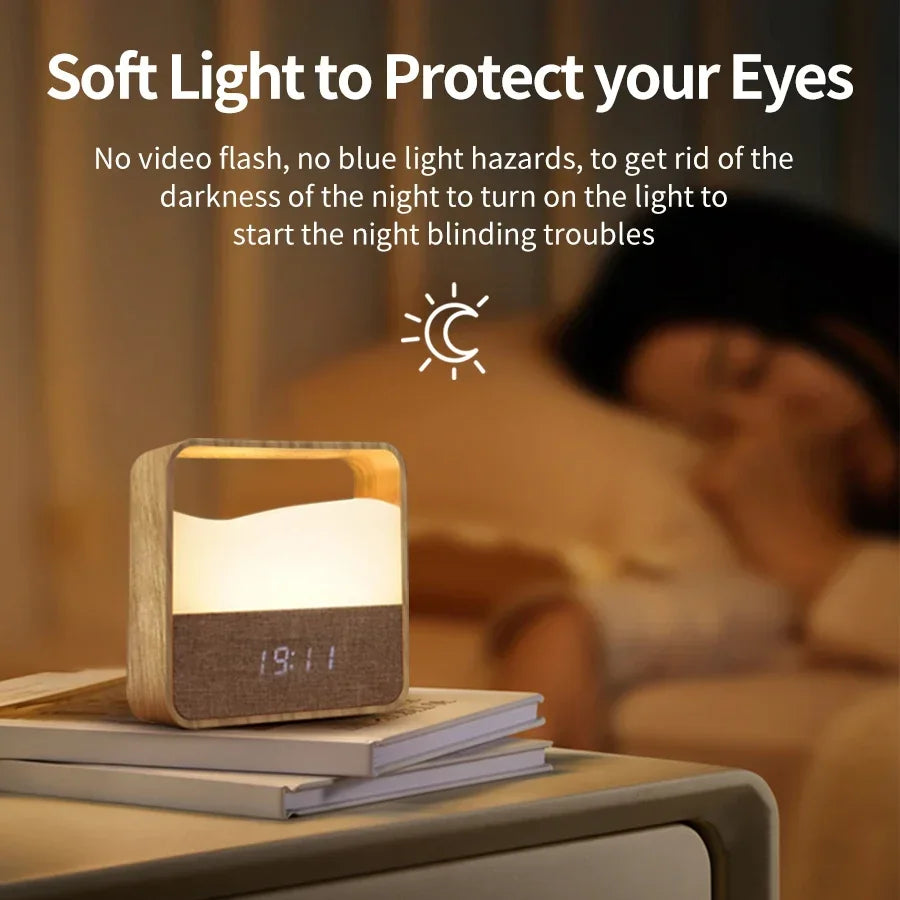Réveil Lumineux Numérique Design Bois – Veilleuse LED Tactile