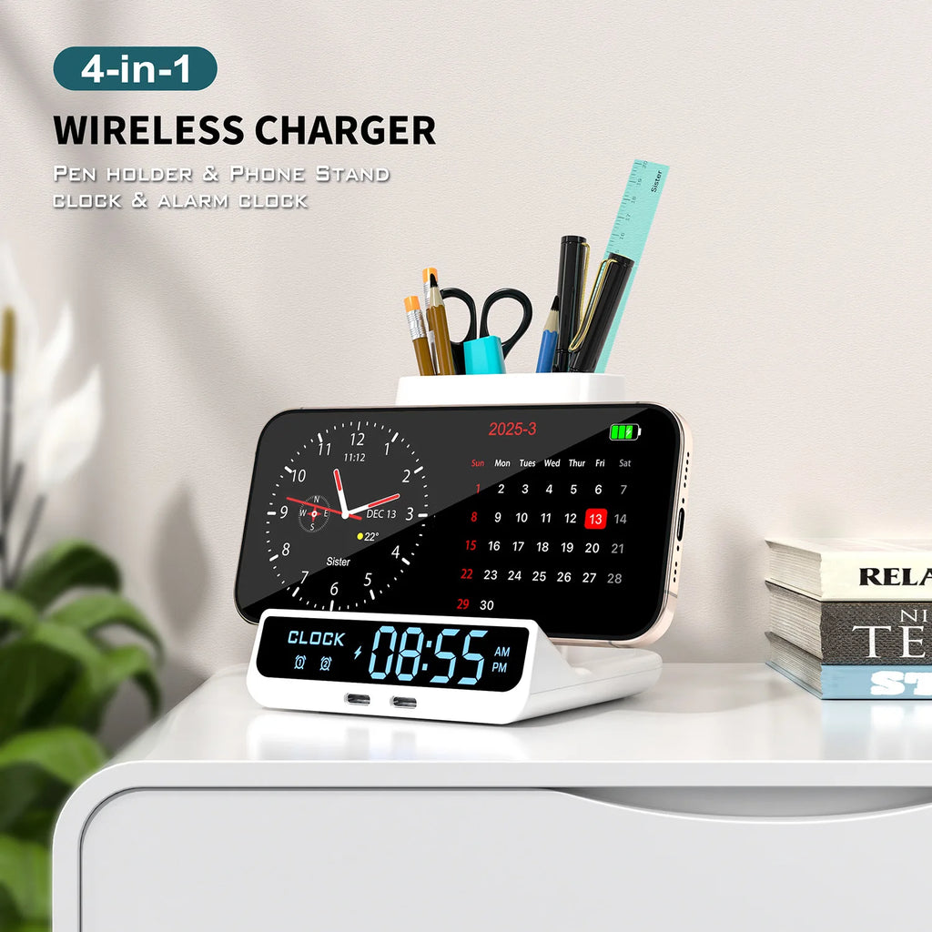 Réveil LED 3-en-1 avec Chargeur Sans Fil & Porte-Stylos