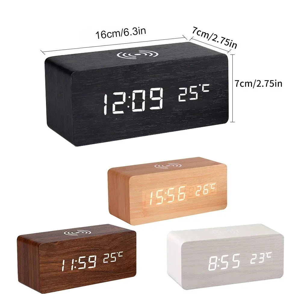 Réveil Digital en Bois avec Charge Sans Fil
