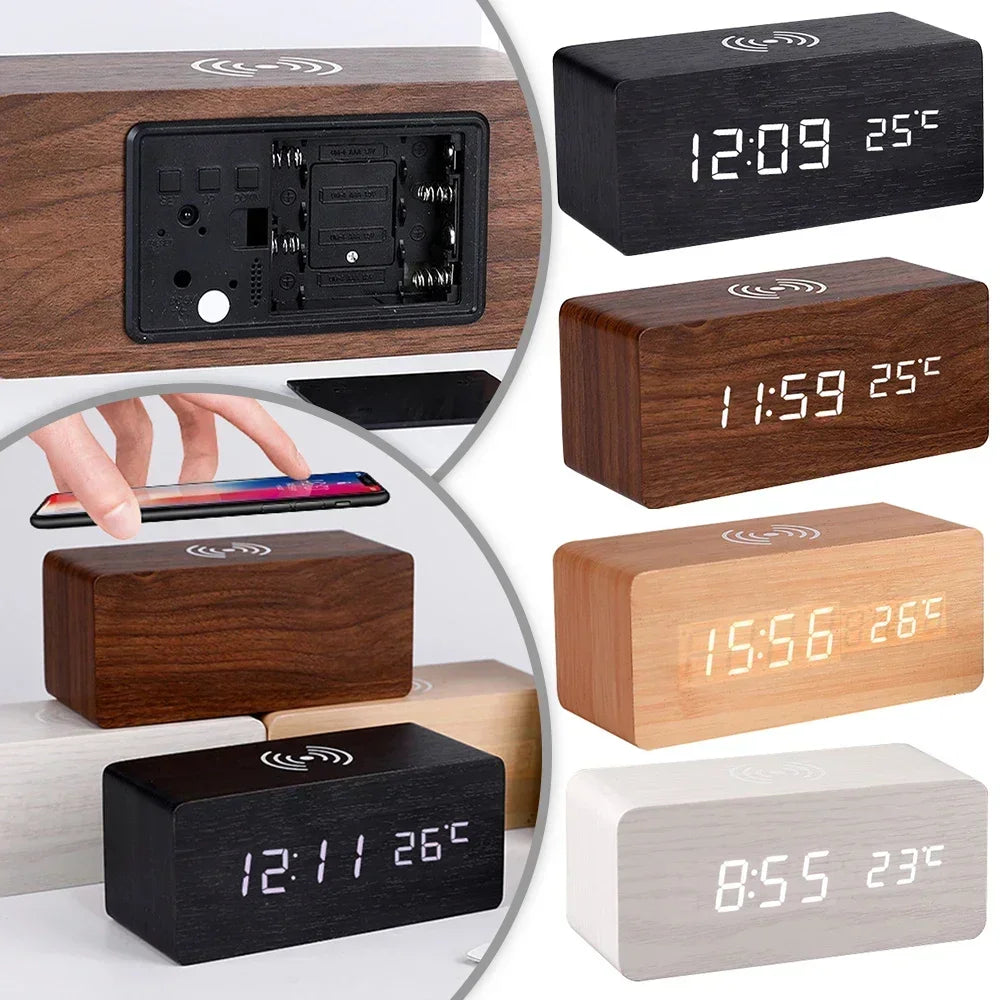 Réveil Digital en Bois avec Charge Sans Fil