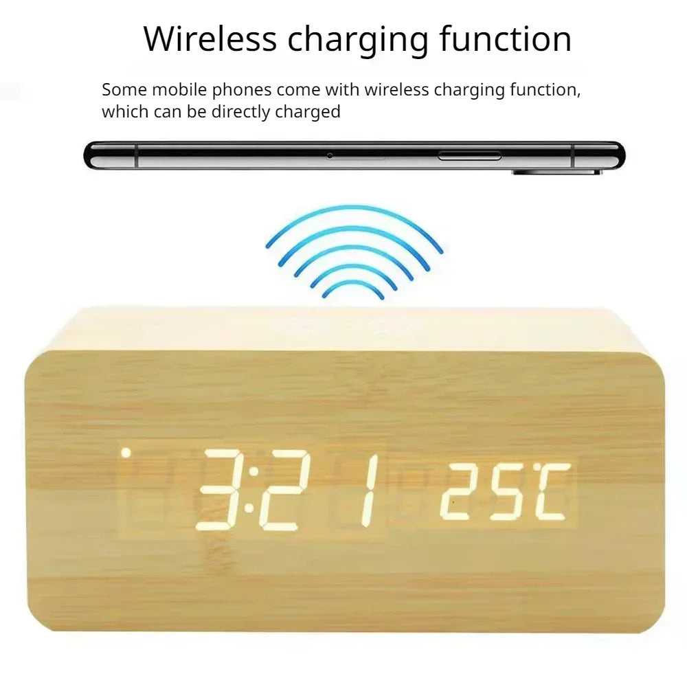 Réveil Digital en Bois avec Charge Sans Fil