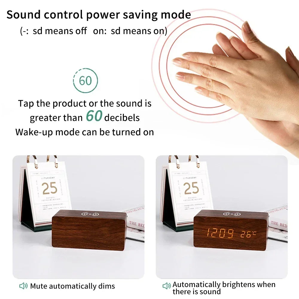 Réveil Digital en Bois avec Charge Sans Fil